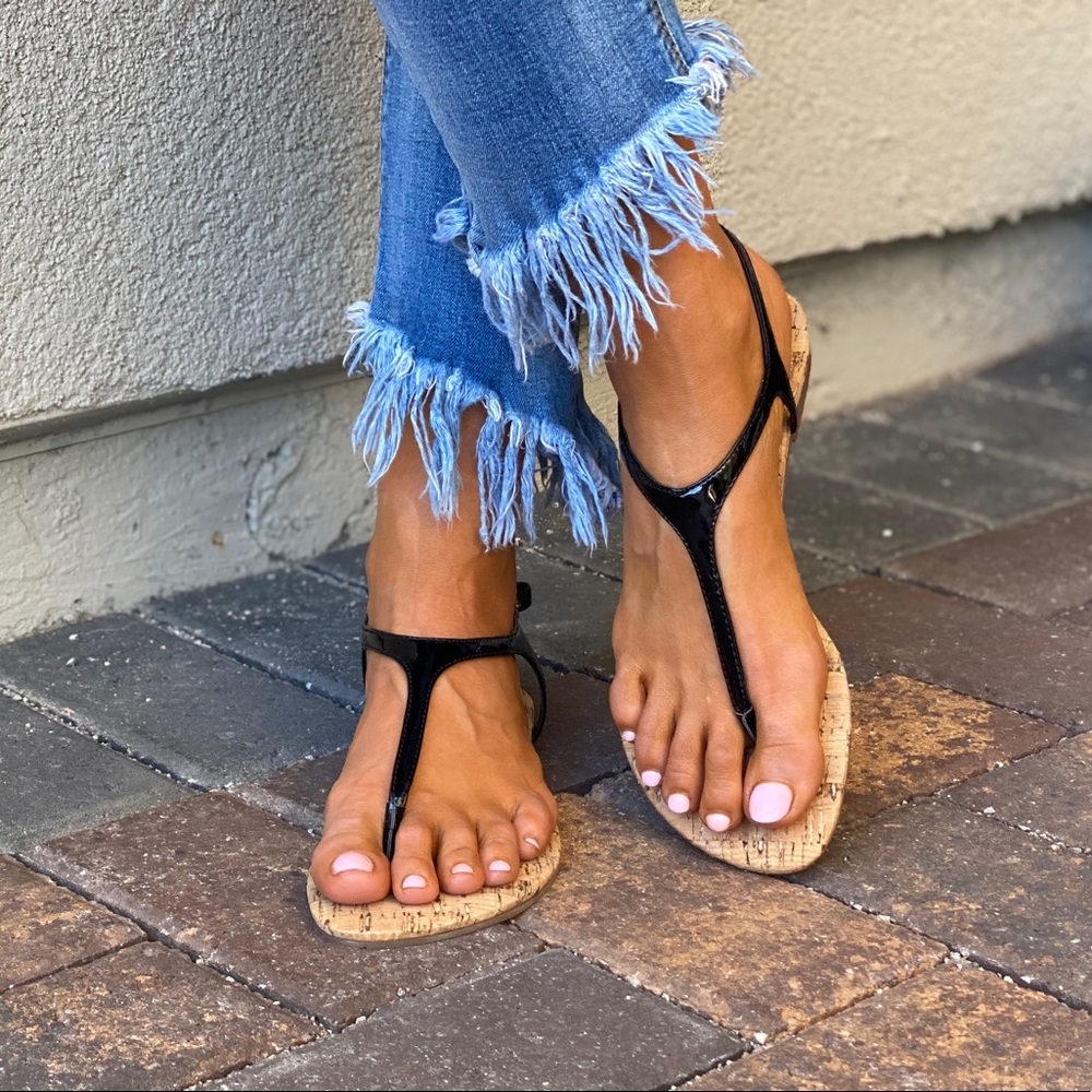 Black Leather Cork Sole T-Strap Thong Sandals